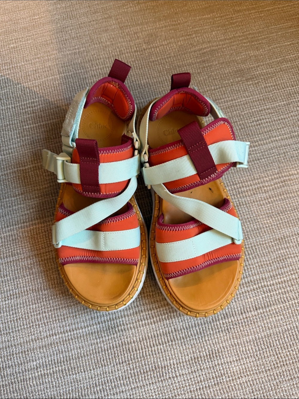 Chloe Colorblock Sandals in Orange, Light Blue & Maroon